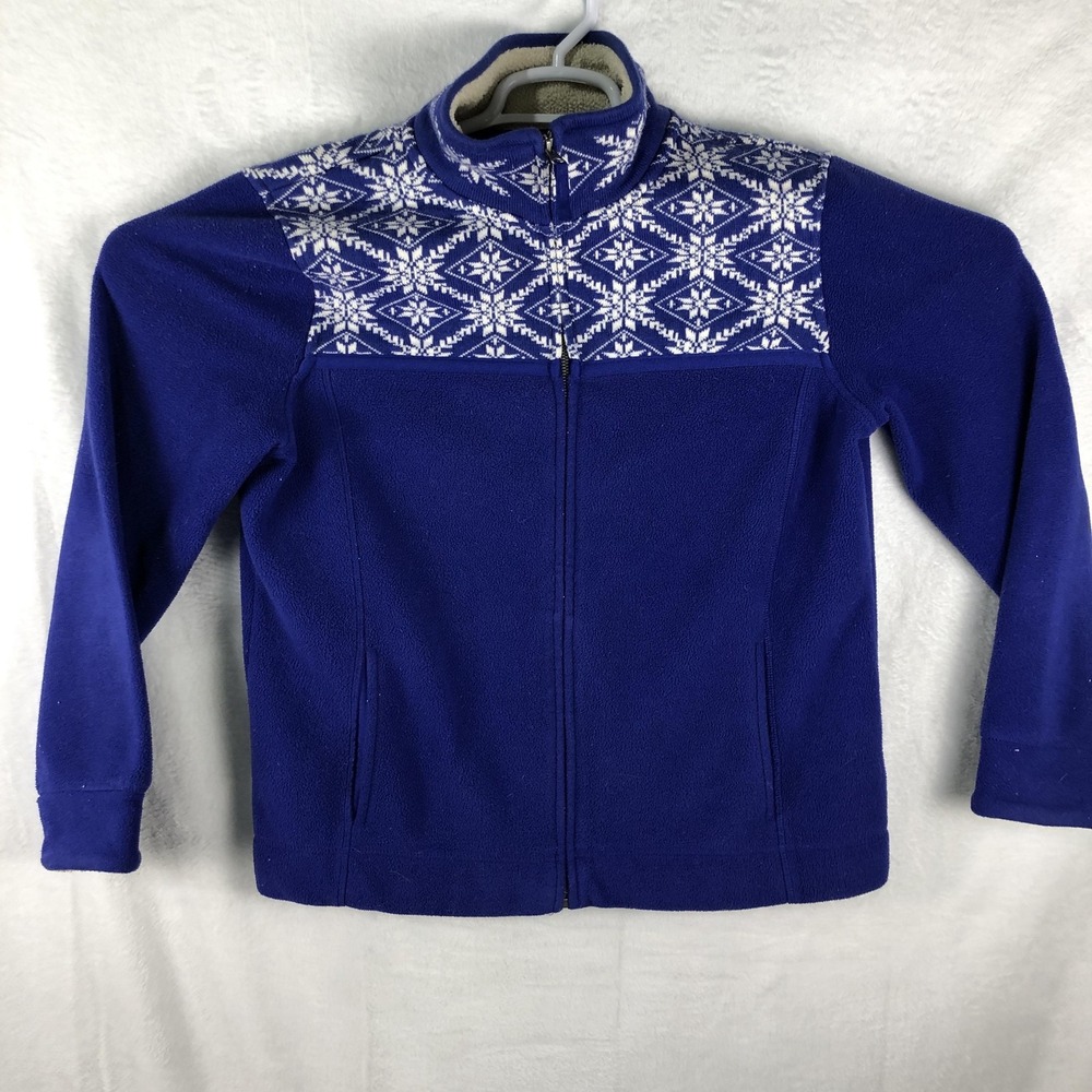 LL Bean Fleece Jacket Womens Large Blue White Snowflake Nordic Full Zip Winter